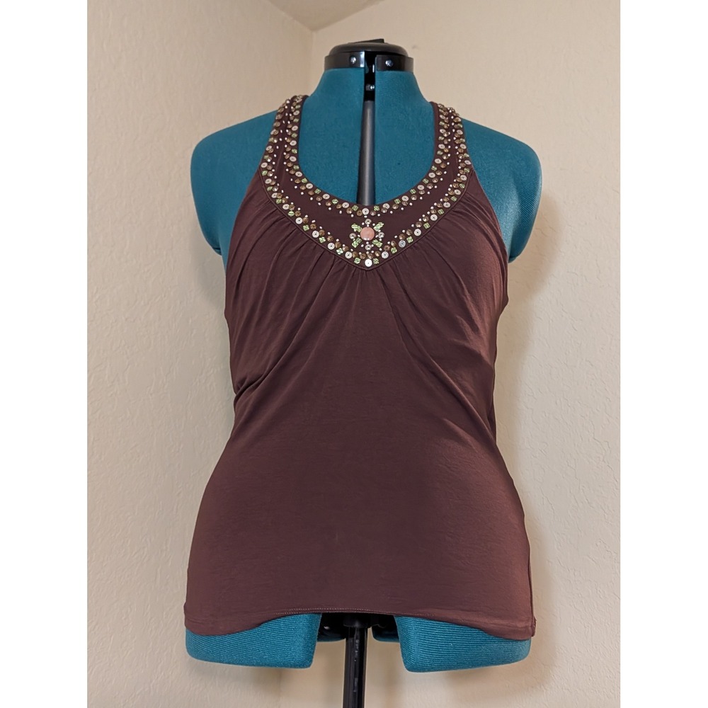Oscar de la Renta Brown Embellished Halter Top Sequin Bead Accents Size S
